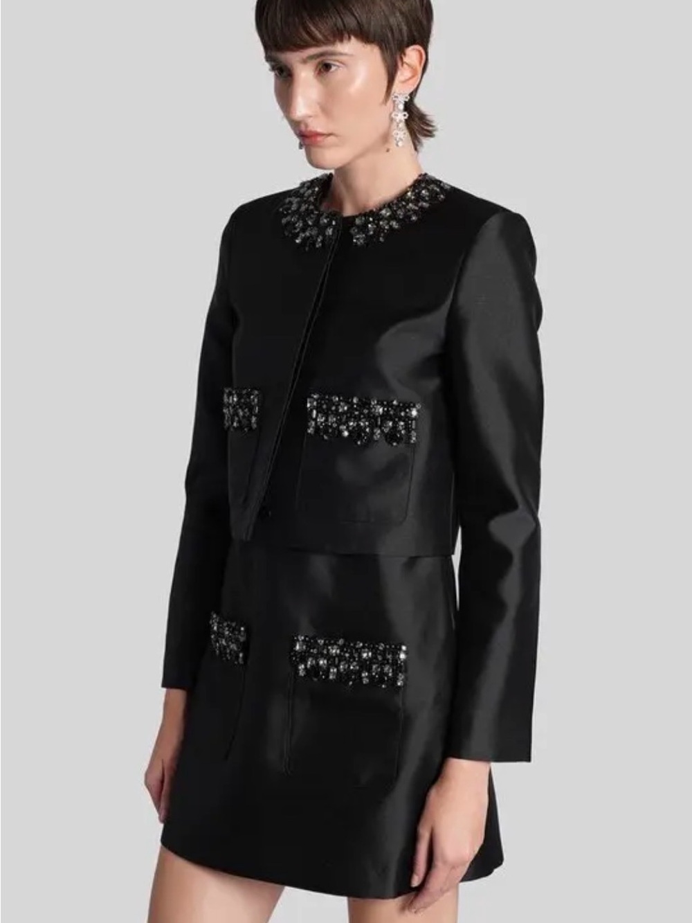 Self-Portrait Black Cropped Jacket with Jeweled Collar